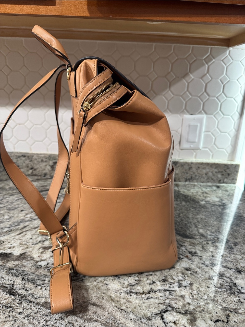 Minimal Tan Leather Backpack With Flap View 4
